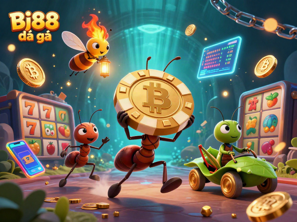 Bj88 đá gà showcases ants stealing golden poker chips in a dynamic gambling scene filled with vibrant slot elements.