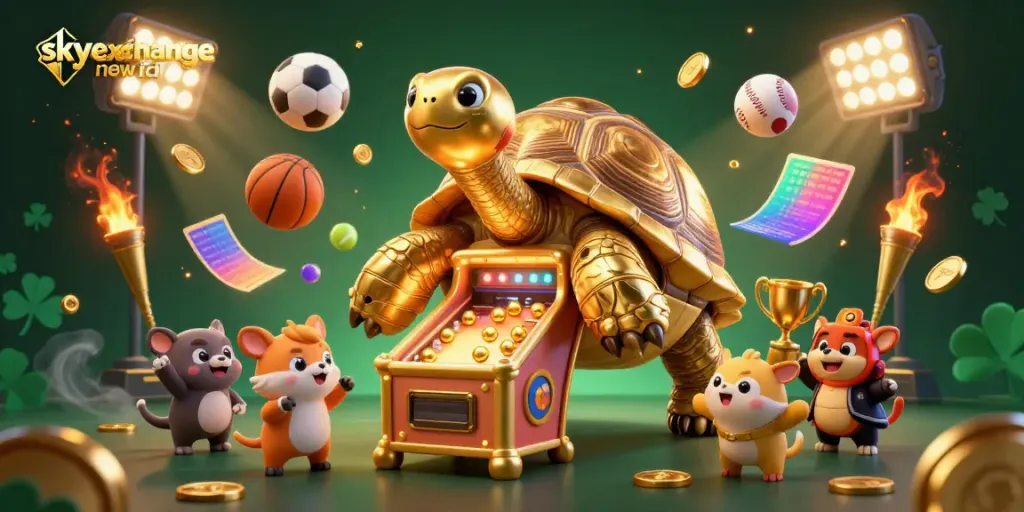 Experience thrilling gaming with the skyexchange new id in this vibrant casino scene featuring a golden tortoise and dynamic sports elements.