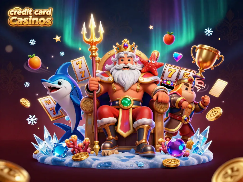 Engaging scene portraying credit card casinos with King Neptune, offering dynamic casino games and vibrant energy.