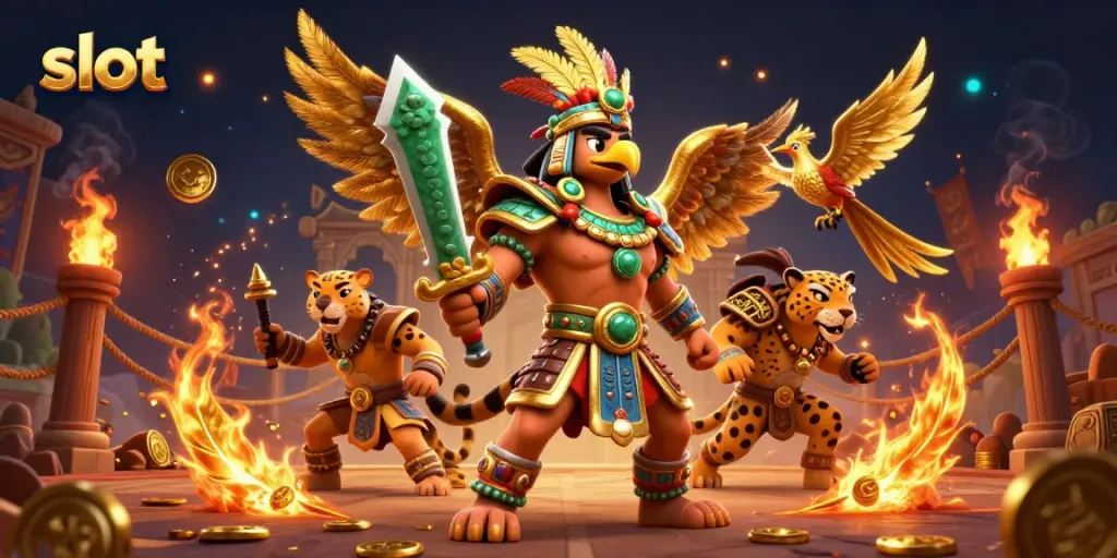 Bermain slot gacor dengan simbol kemenangan dikelilingi pejuang Aztec dan efek dramatis.