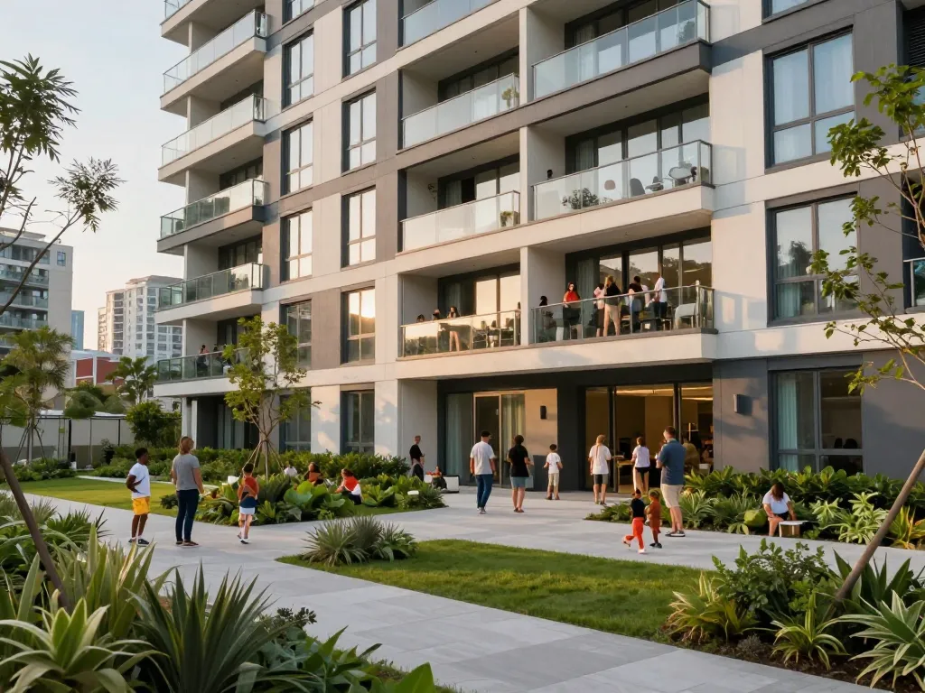 Five88 community residents socializing around an urban apartment complex, showcasing vibrant architecture and greenery.