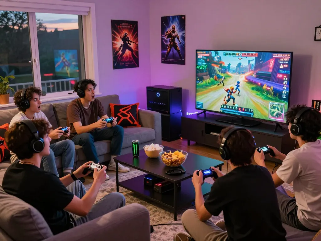 Friends enjoying an intense gaming session with mpi2121 on a large TV in a cozy room