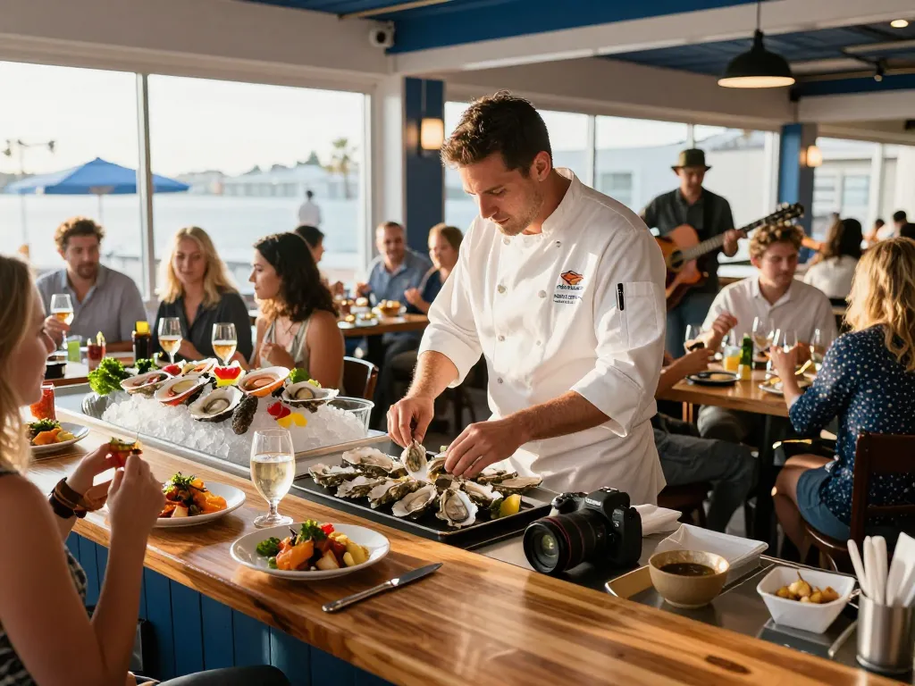 Fresh oysters being prepared at the inviting restaurant atmosphere at https://www.theshackok.com/ showcasing vibrant dining scenes.