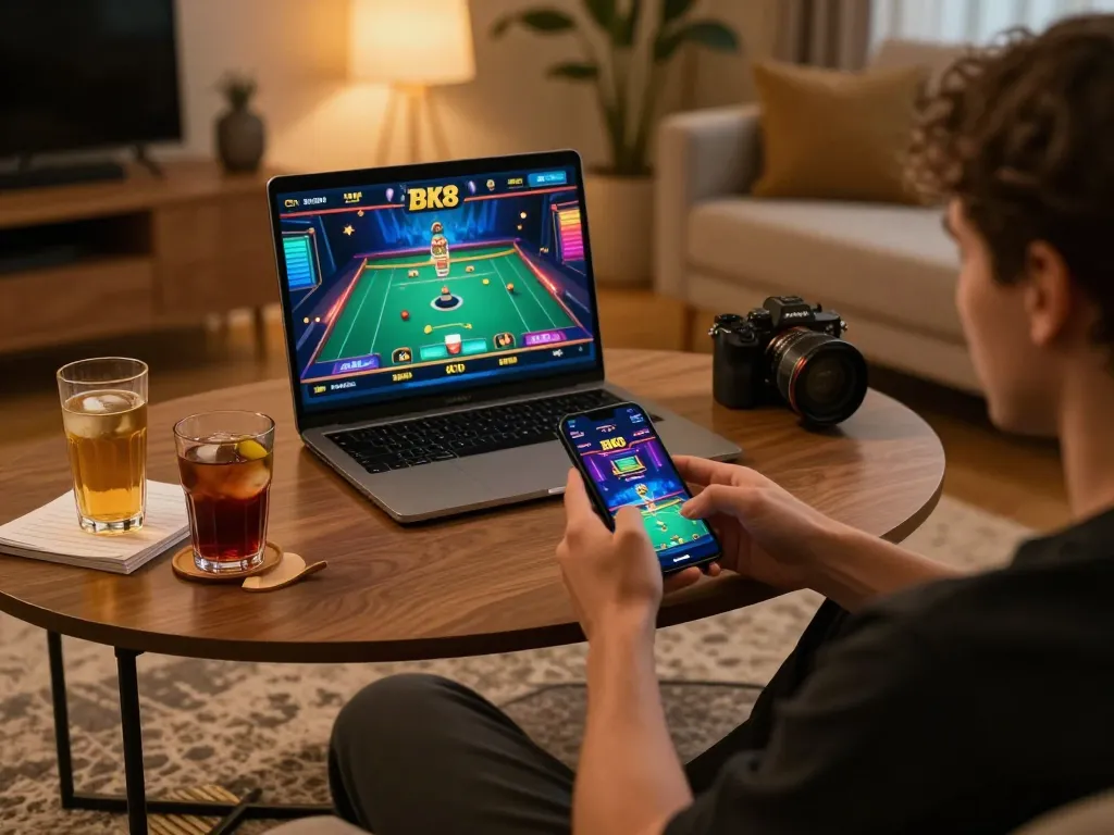 Player enjoying BK8's mobile app in a stylish home setting, showcasing live dealer gameplay.