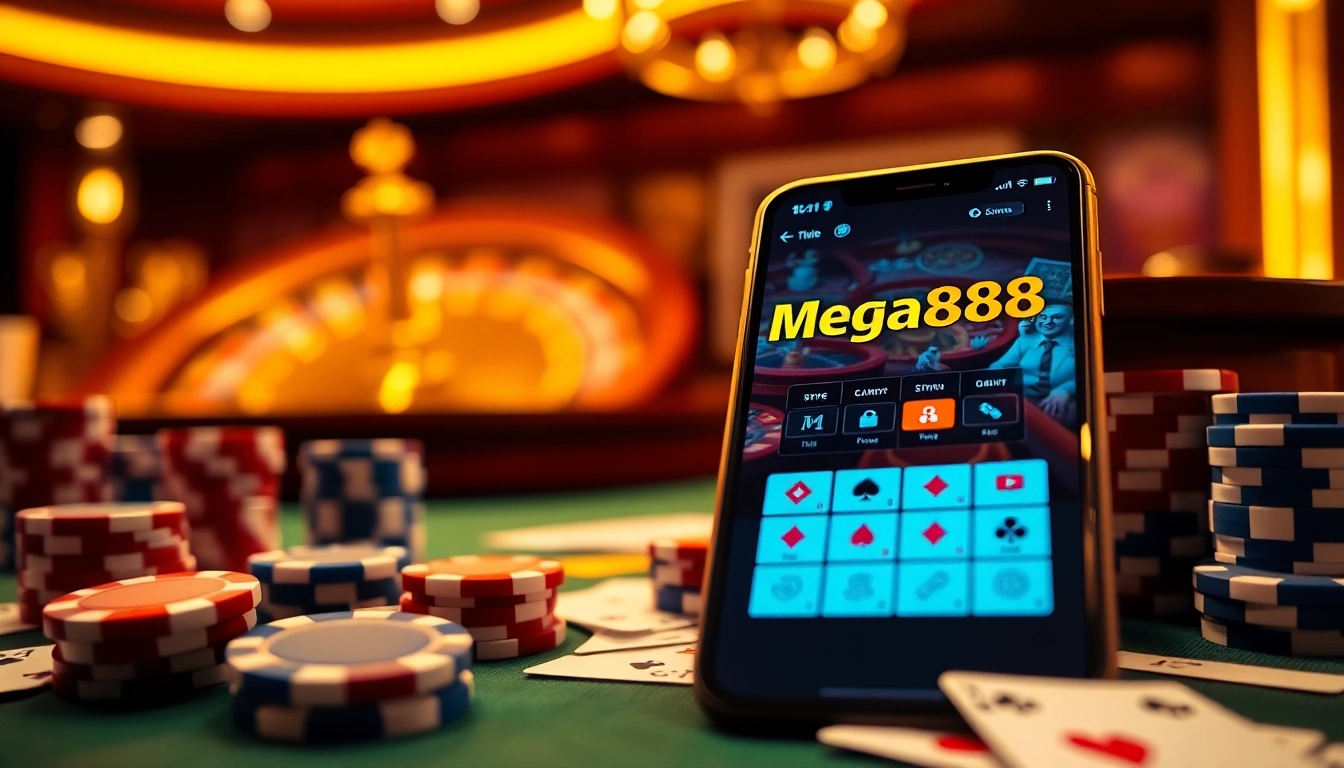 Experience Mega888 APK on a smartphone in a vibrant casino setting, enhancing your gaming adventure.