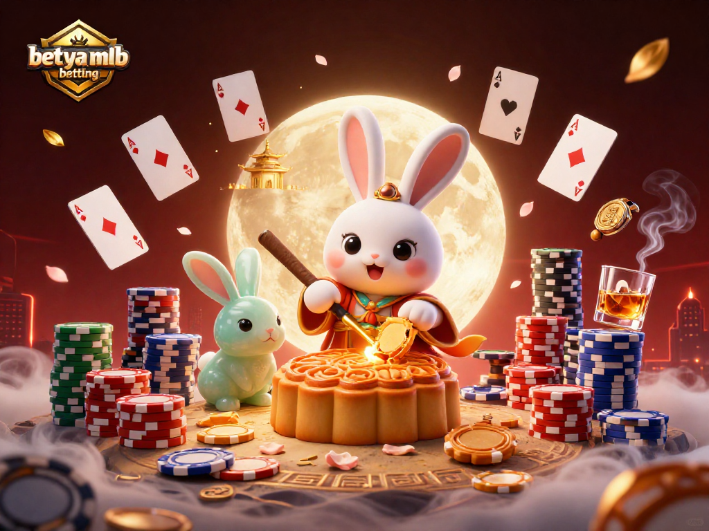 Experience betya mlb betting with vibrant moon rabbits amidst poker chips and casino elements.