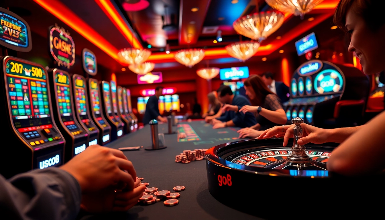 Experience the thrill of go8 gaming with players enjoying luxury casino tables and vibrant slot machines.