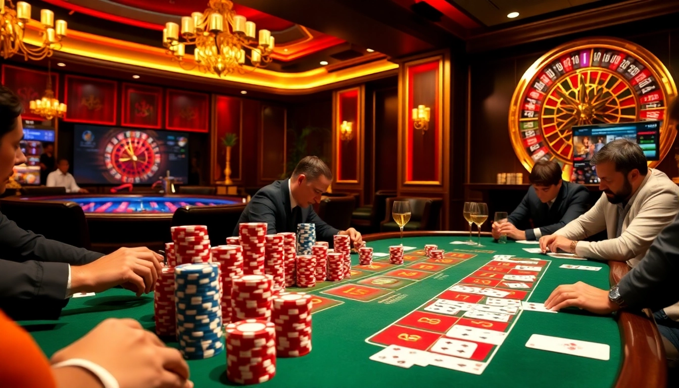 Kkwin casino scene showcasing intense poker gameplay at a luxurious table with chips and cards.