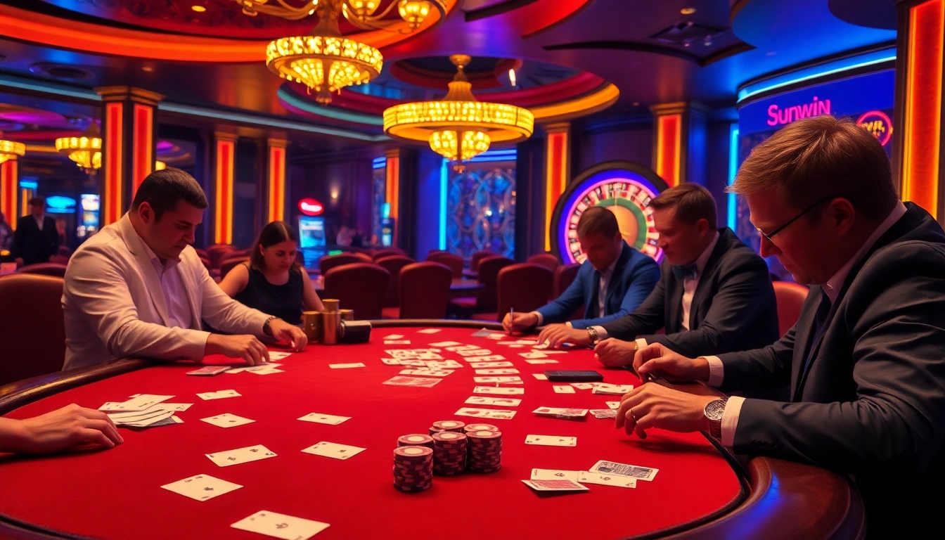 Players engaged in a high-stakes poker game at Sunwin Casino, showcasing the excitement and luxury of online gambling.