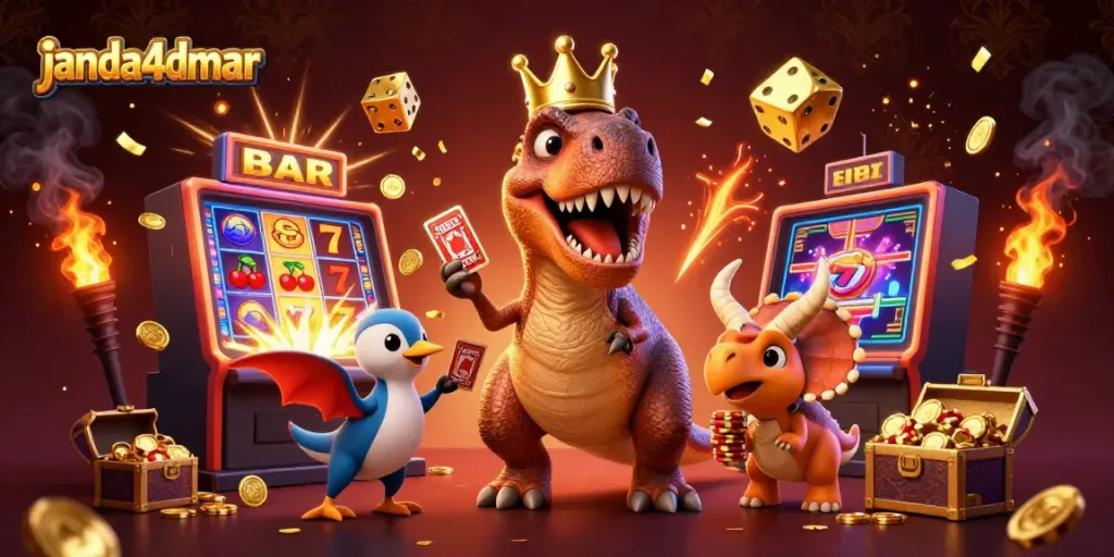 Permainan kartu dengan janda4dmar dalam ilustrasi kasino animasi 3D, menawan dan penuh warna.