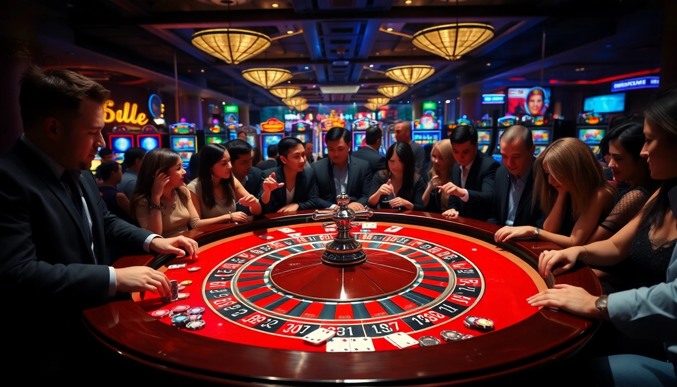 Situs11 players enjoying an exhilarating game at a roulette table surrounded by vibrant casino elements.