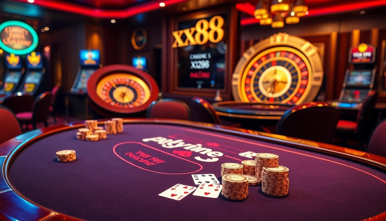 Experience high-stakes action with xx88 at a luxurious blackjack table featuring vibrant chips and cards.