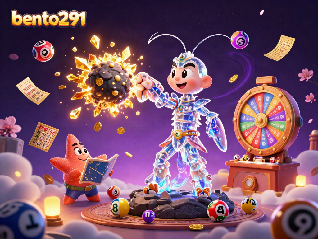 Bento291 engages players with a dynamic lottery scene featuring vibrant balls, winning tickets, and exciting prizes.