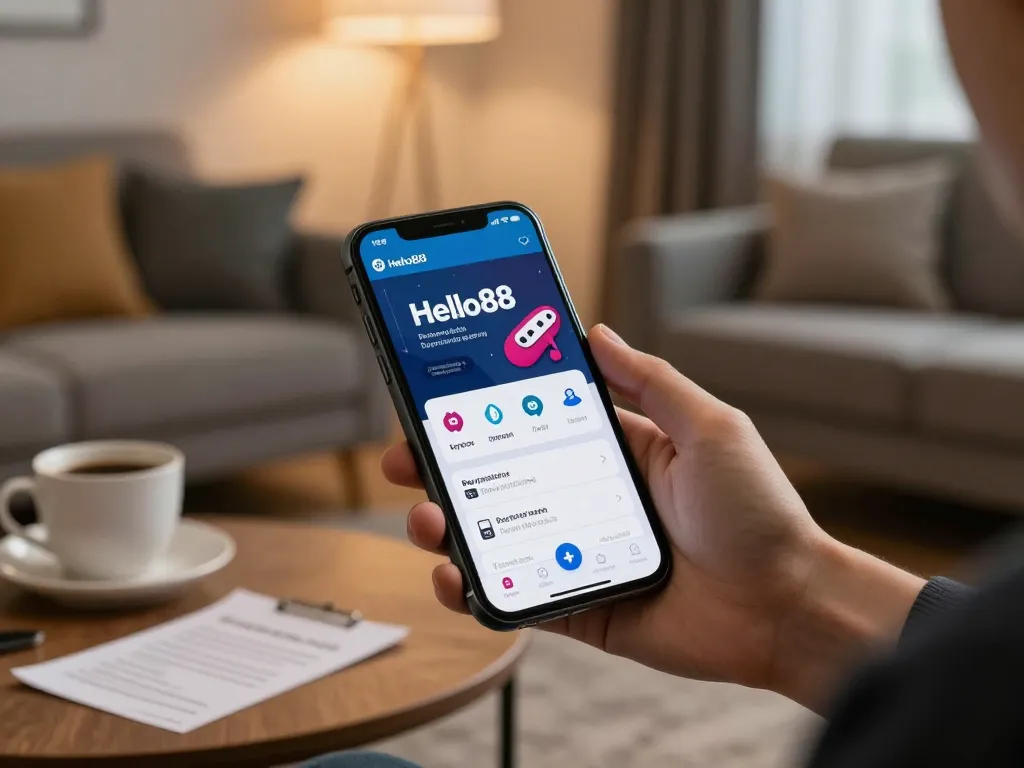 Hello88 app showcased on smartphone screen during a casual betting session in a stylish home setting.