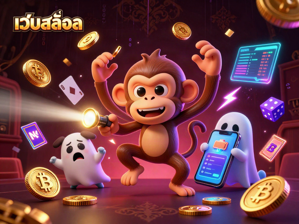 Engage with เว็บสล็อต in this dynamic scene featuring a mischievous monkey and a curious ghost-hunter puppy.