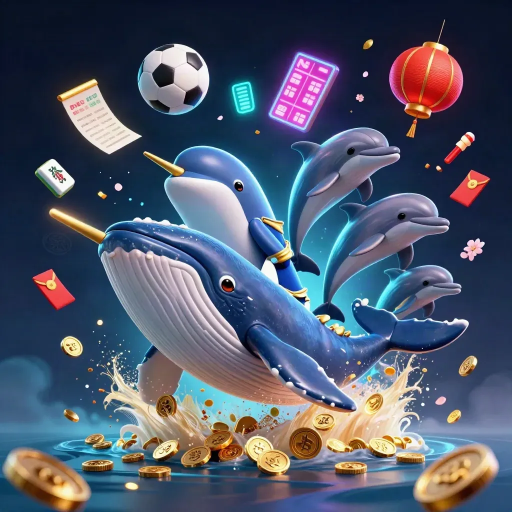 Whale, narwhal and dolphins burst through coins and neon casino props in dark cinematic light.