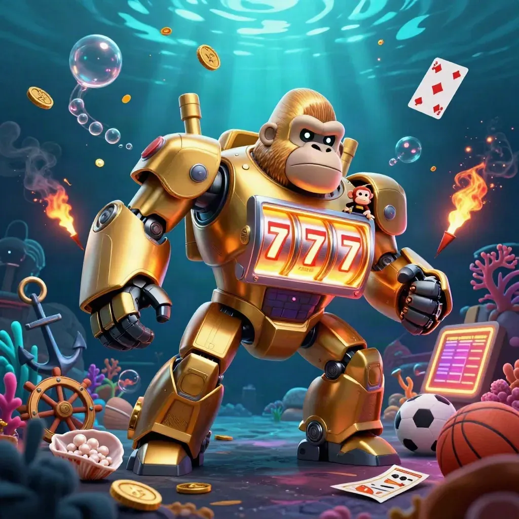 Golden gorilla mech with monkey pilot in an underwater treasure cove, coins, cards, and neon light.