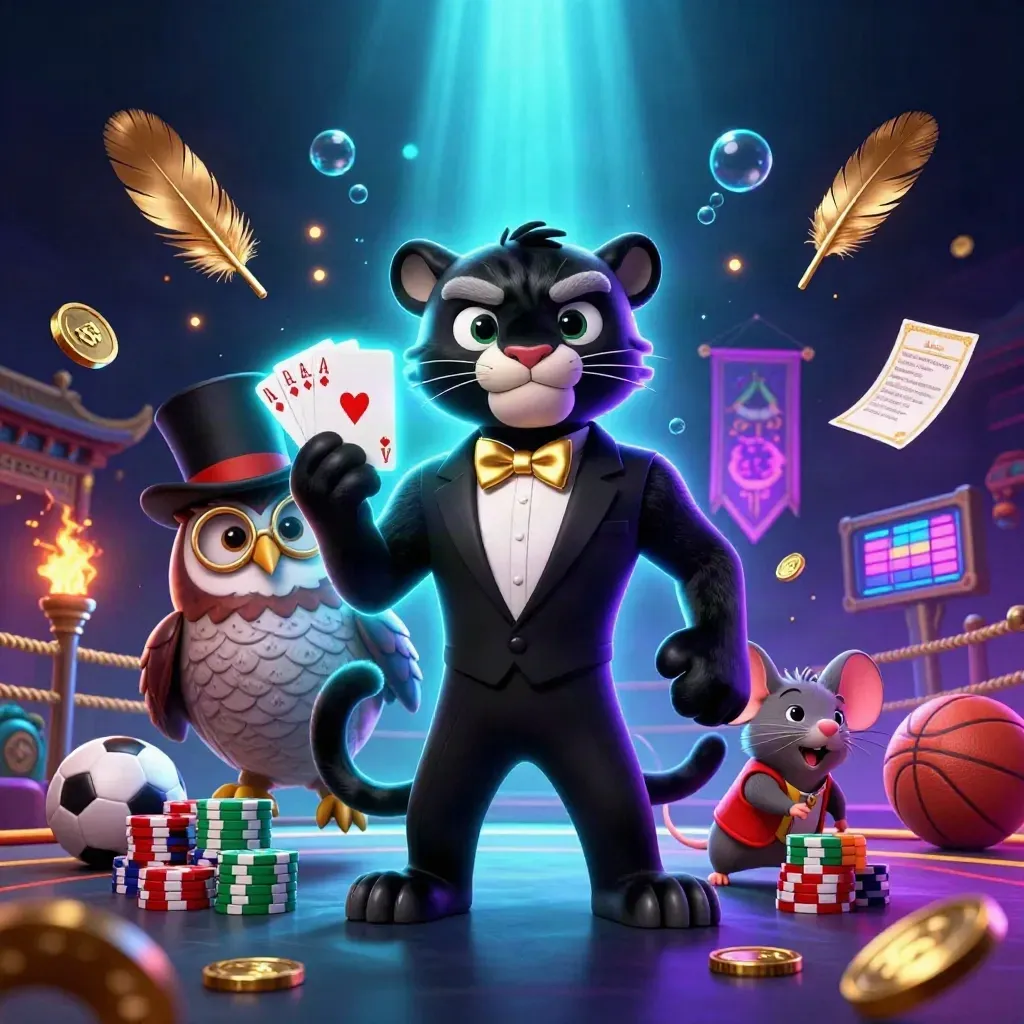 Panther, owl, and mouse in a neon casino scene with cards, chips, temple gate, and glowing effects.