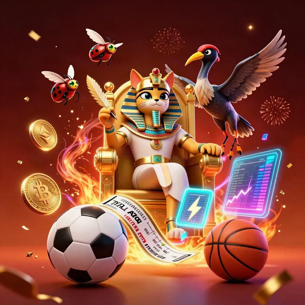 Pharaoh cat, ibis scribe, and gem-wing scarabs amid casino icons and neon energy