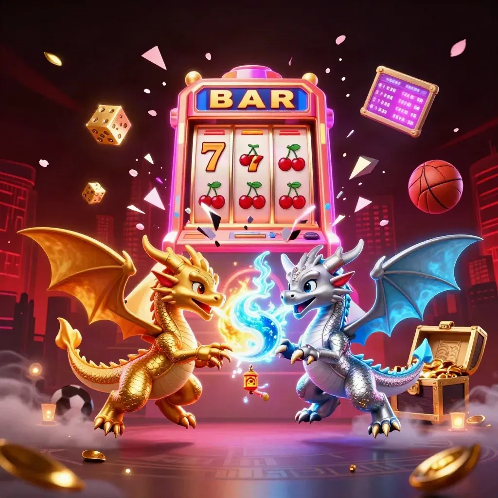 Twin gold and silver dragons clash mid-flight amid casino symbols, neon light, and a tiny lantern spirit.