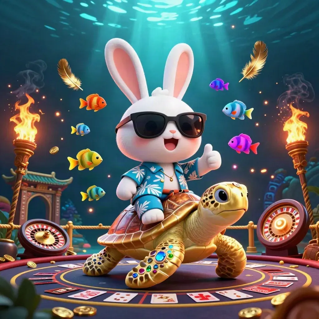 Lucky rabbit on a golden sea turtle in a glowing casino fantasy underwater scene