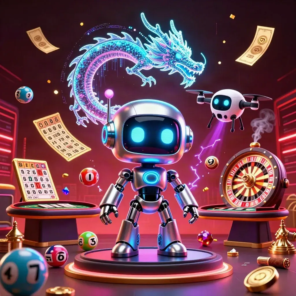 Cyberpunk robot, holographic dragon, and coin drone in a neon casino with roulette and falling tickets.