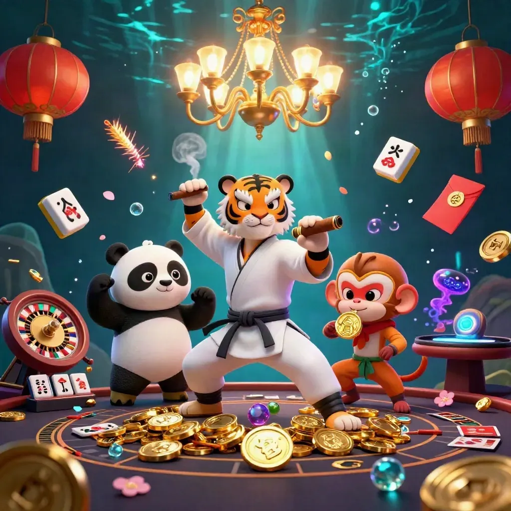 Kung-fu tiger, panda, and monkey in a neon underwater casino with coins, lanterns, and god-rays.