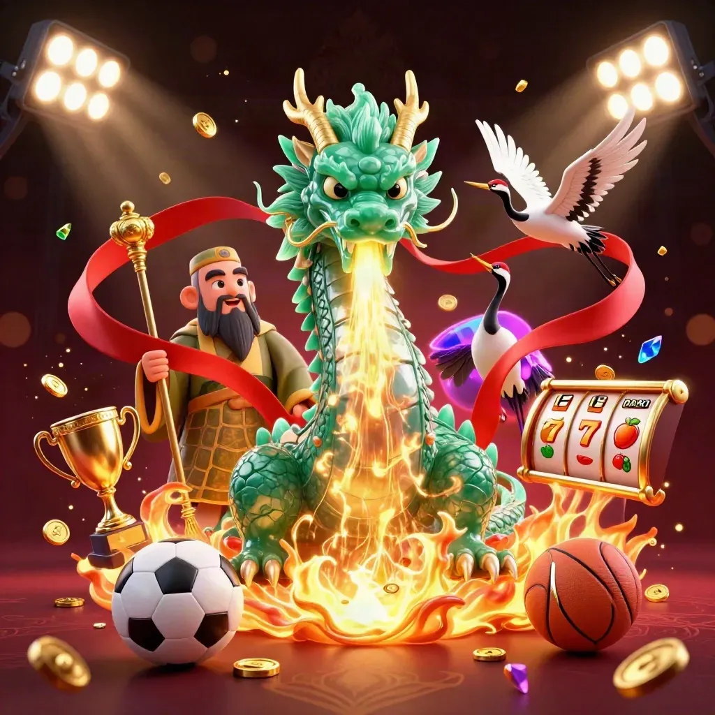 Jade dragon, turtle sage, and cranes amid coins, trophies, sports balls, and casino effects.