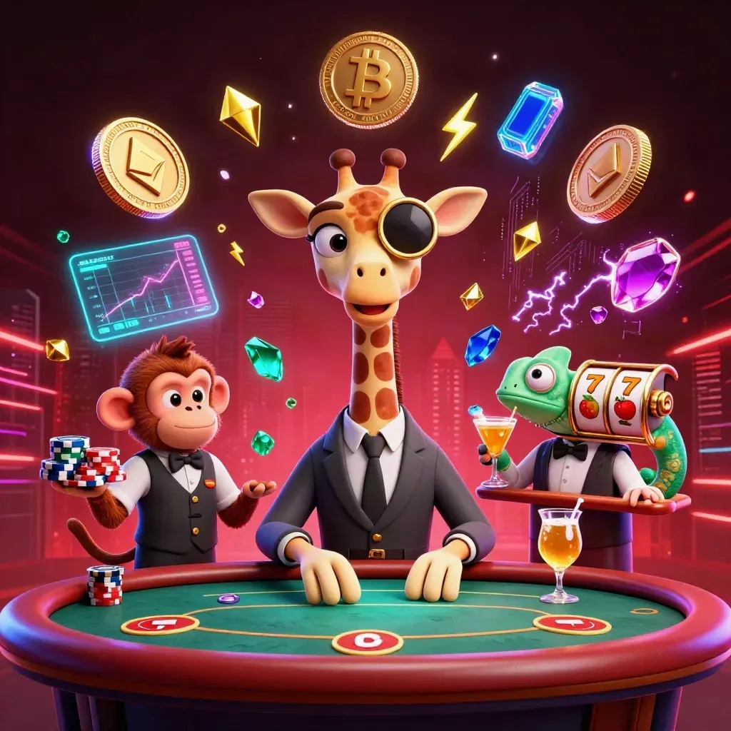 Giraffe, monkey, and chameleon casino heroes amid glowing crypto, cards, and neon energy.