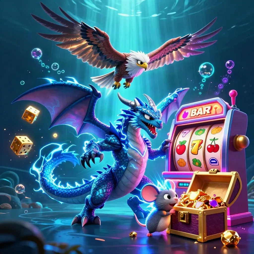 Thunder dragon, wind hawk and static mouse amid exploding slot loot in cyan-lit underwater glow.