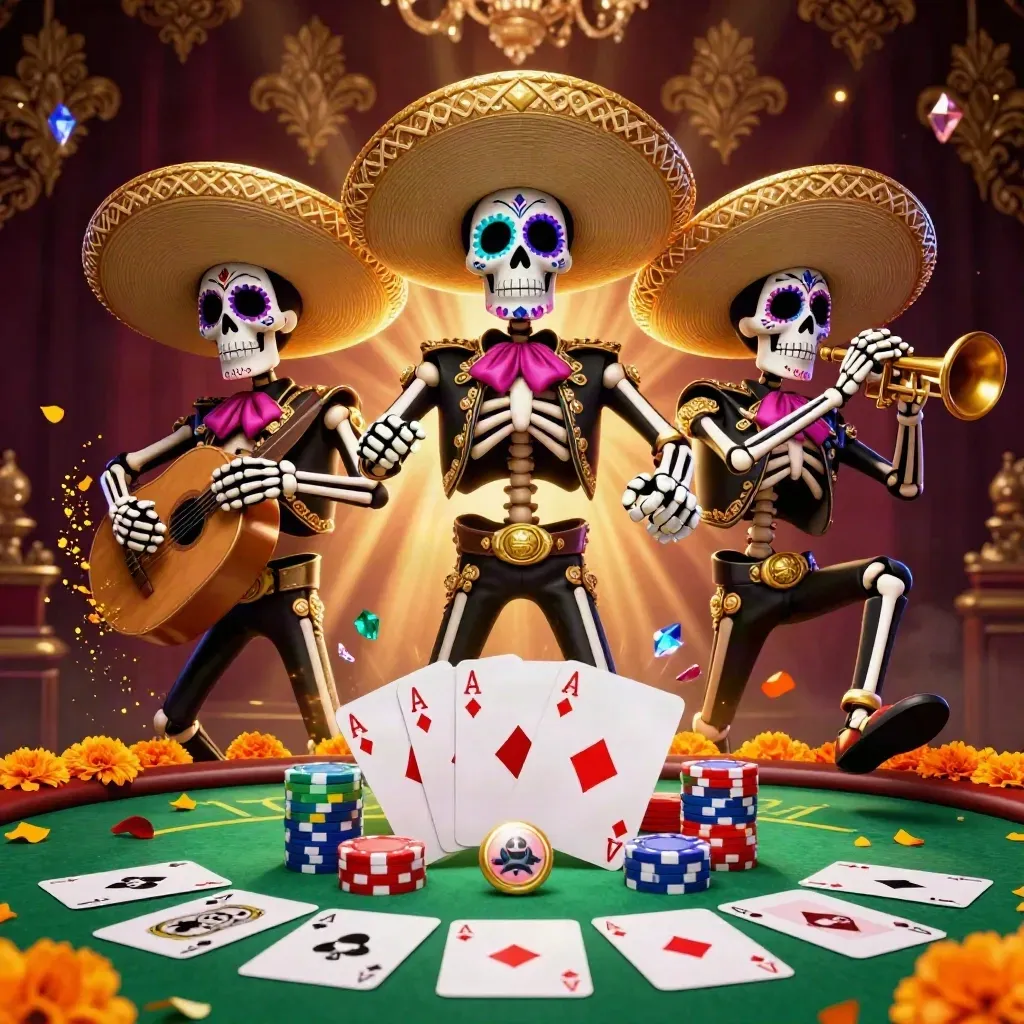 Day-of-the-Dead skeleton mariachi trio burst through a poker table in neon casino light.