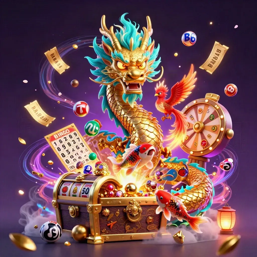 Golden dragon with phoenix and koi amid treasure bursts, lottery balls, reels, and neon magic