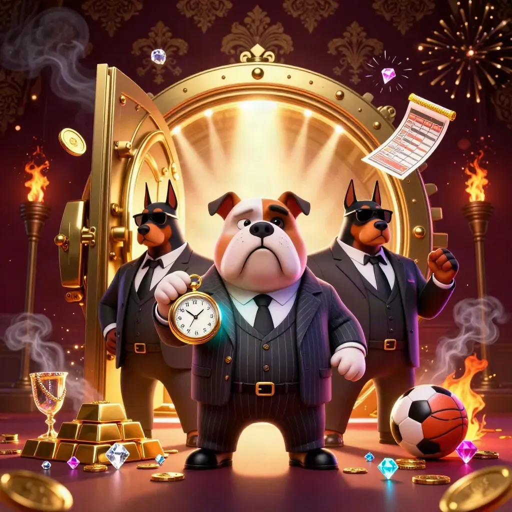 Cartoon bulldog mob boss and two Dobermans burst from a golden vault amid coins, gems and neon light.