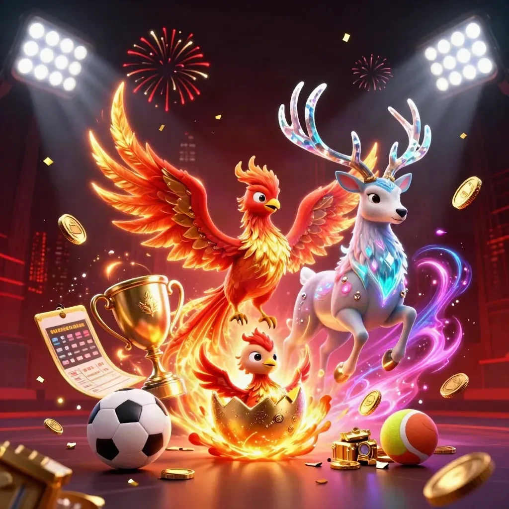 Phoenixes and a crystal stag burst through coins, trophies, fireworks, and neon esports light.