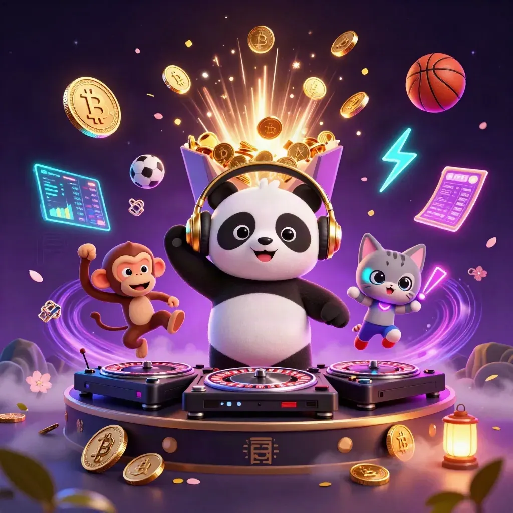 DJ panda, dancing monkey, and glow-stick kitten amid coins, fireworks, and neon casino energy.