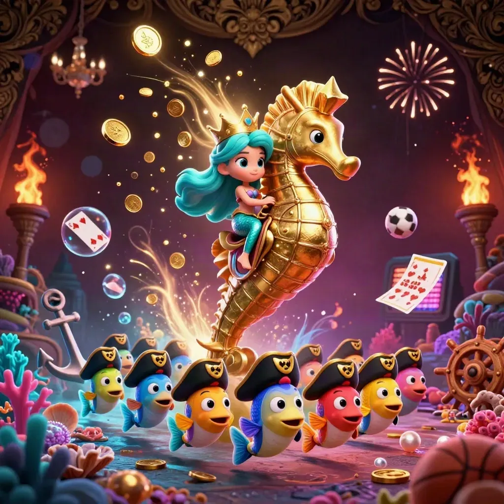 Mermaid princess on golden seahorse amid coins, fish, treasure, and neon casino effects