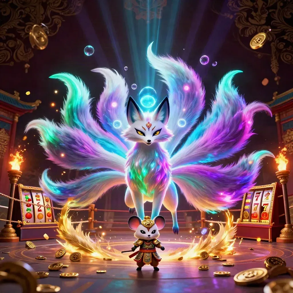 Neon nine-tailed fox spirit with armored mouse amid casino reels, coins, and glowing effects