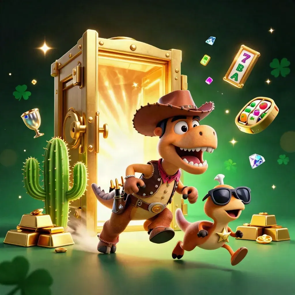 Cowboy T-Rex trio blasting open a treasure vault amid gold, slot symbols, and green casino glow.