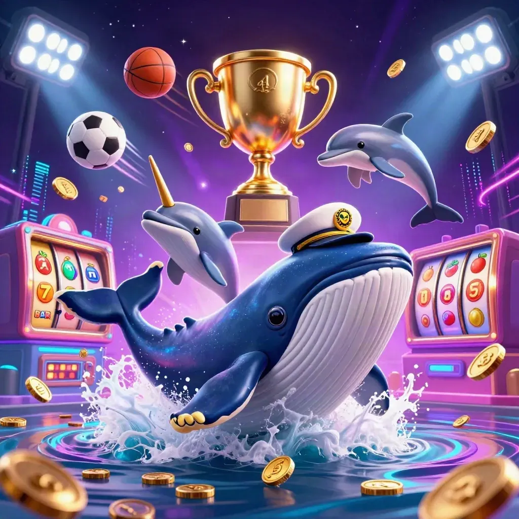 Whale captain, narwhal and dolphins burst through coins with neon casino lights and slot symbols.