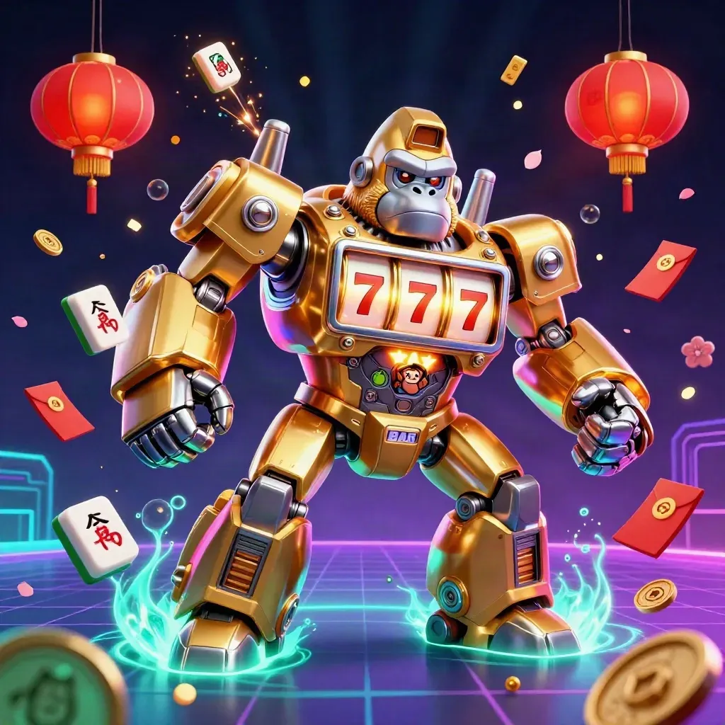 Golden gorilla slot-mech with monkey pilot, reels, lanterns, coins, fireworks, and neon casino glow.