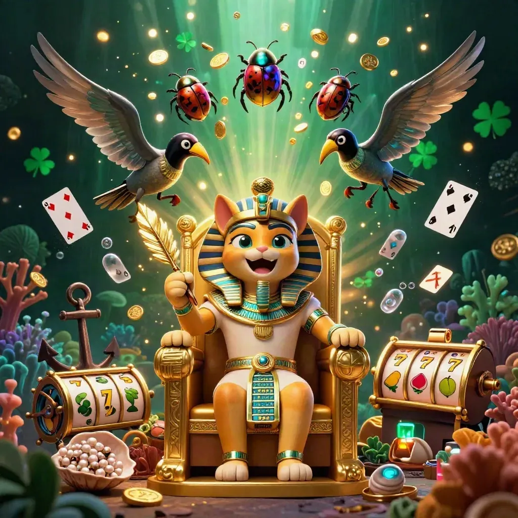 Pharaoh cat on throne with ibis scribe and scarabs amid treasure, coral, cards, and slot reels.