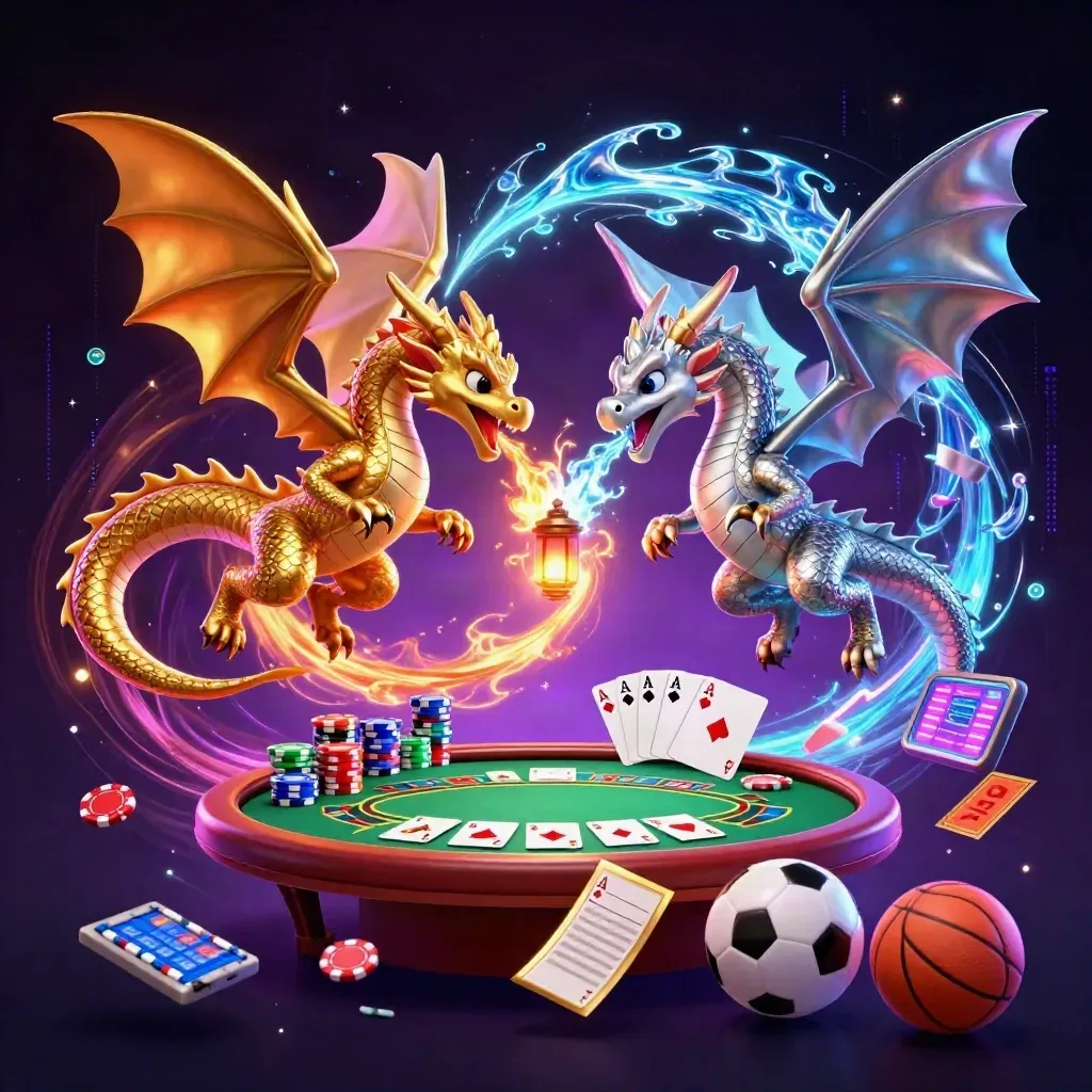 Gold and silver dragons swirl around poker chips, cards, and a glowing lantern spirit.