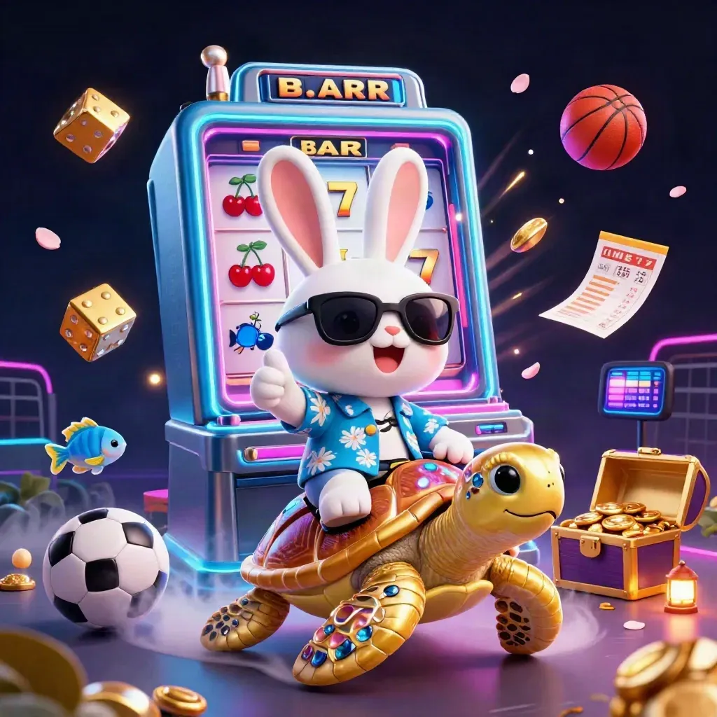 Lucky rabbit rides a golden turtle amid a bursting slot machine, gold sparks, and neon casino glow.