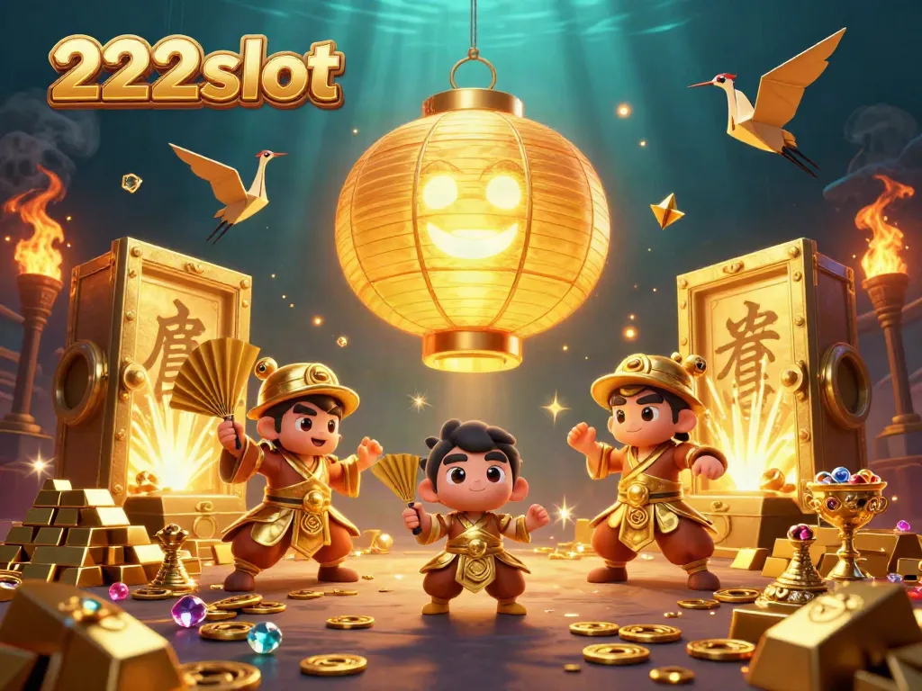 Memenangkan jackpot dengan 222slot, menampilkan suasana kasino ceria dengan harta berkilauan.