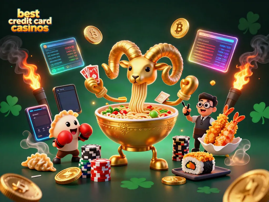 Dynamic 3D scene with colorful elements featuring the best credit card casinos through unique character designs and gaming visuals.