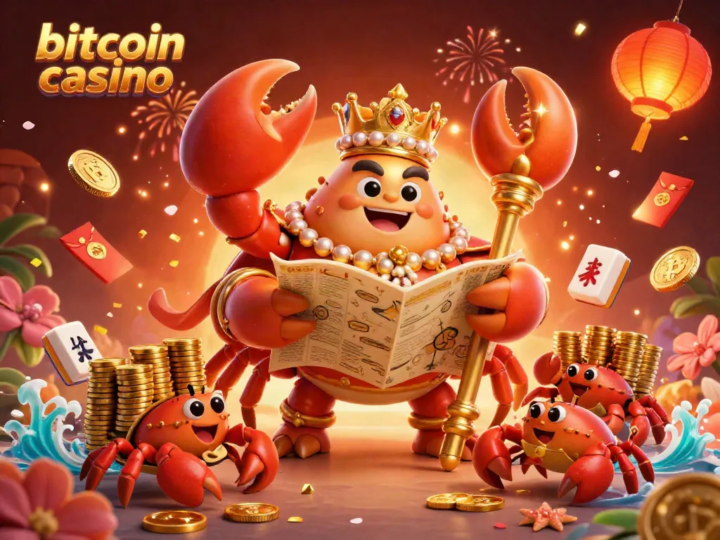 Experience the excitement of a bitcoin casino with an emperor crab and treasure-filled environment.