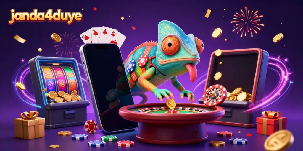 Janda4duye menghadirkan chameleon kasino menarik yang menangkap koin emas di antara permainan slot dan poker.