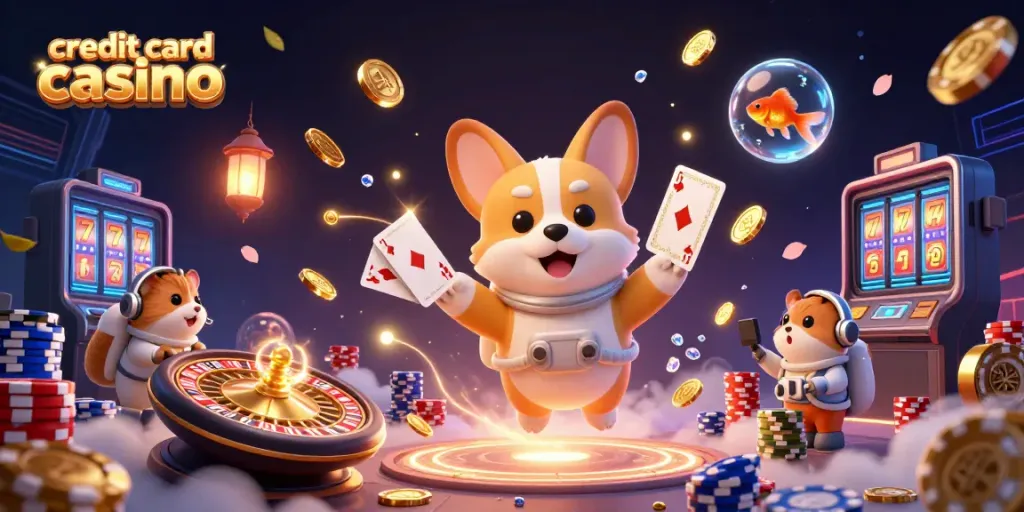 Engage in thrilling gameplay at credit card casinos with a dynamic scene of a corgi astronaut and casino elements.