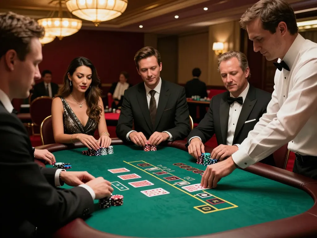 Experience the excitement of iwin as players strategize at a blackjack table in a luxurious casino.