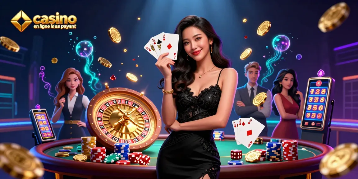 L'illustration met en avant le thème du casino en ligne le plus payant, présentant une élégante femme asiatique avec des cartes à jouer dans un environnement de casino somptueux et dynamique.